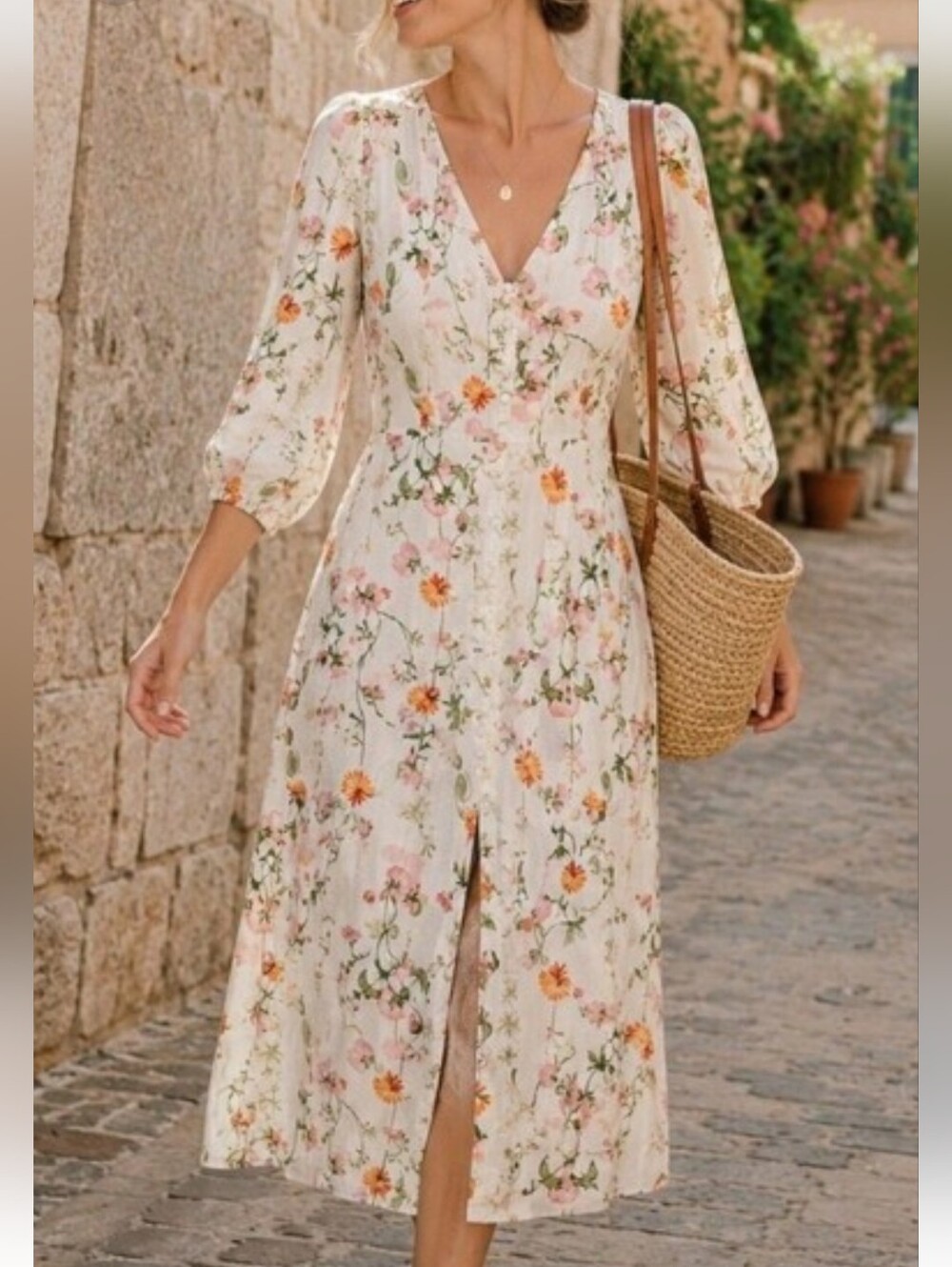 H&M Cream Floral V-Neck Midi Dress with Pink & Orange Florals